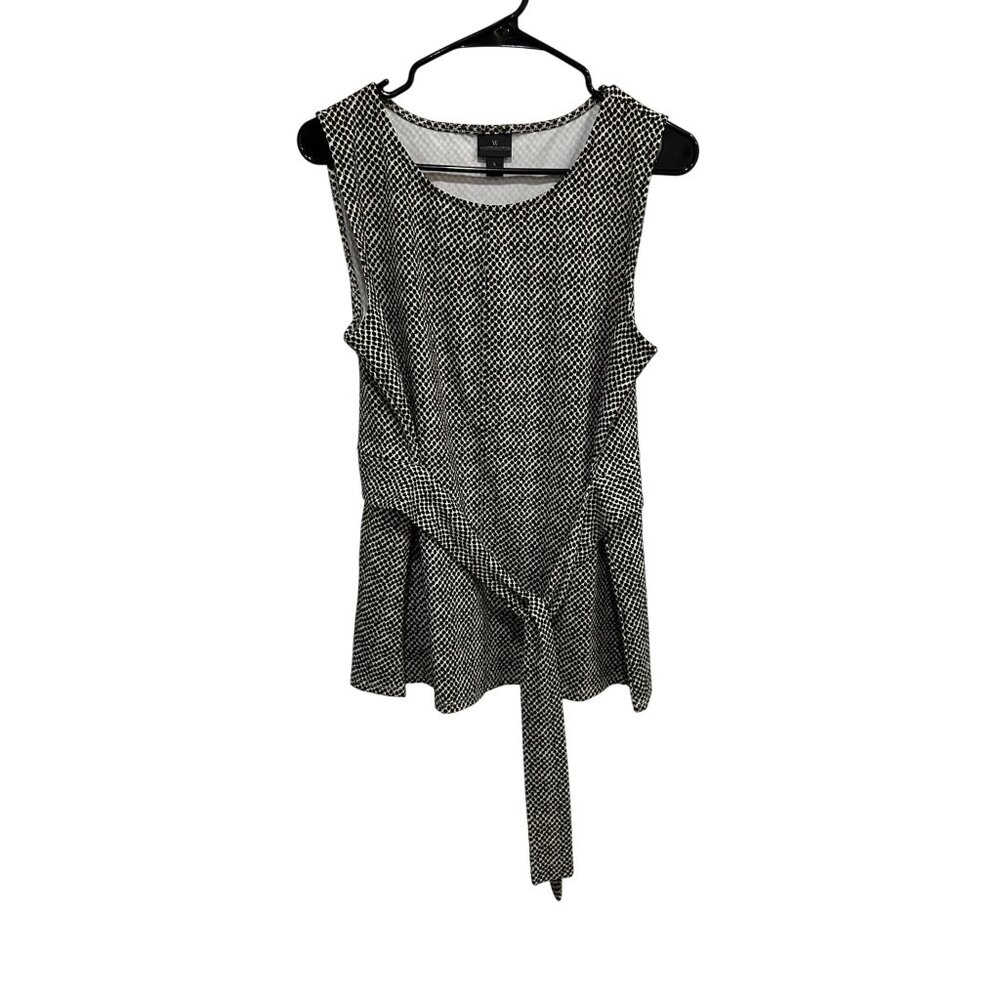 Worthington Womens Top Black White Geometric Tie Waist Sleeveless Size L Career